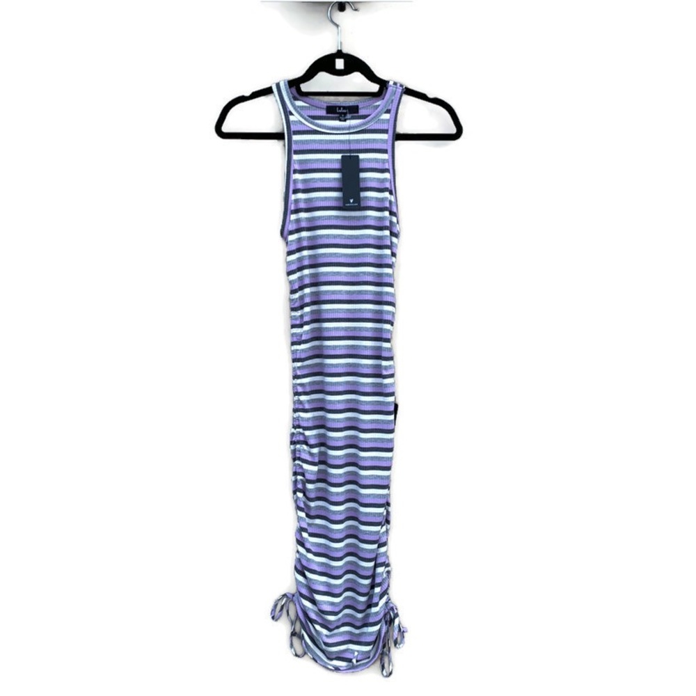 Lulu’s Sophisticated Pick Grey Striped Drawstring Ruched Mini Dress NWT Small